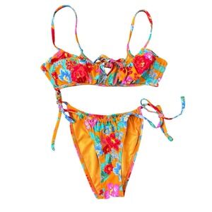 Bright Floral Print String Bikini Womens Medium Beach Resort Vacation Summer